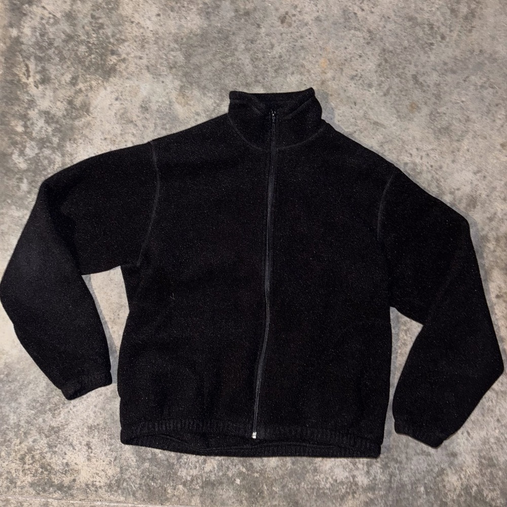 LL Bean Fleece Jacket Mens LR Black Pockets Mock Neck Outdoor Warm Full Zip Warm
